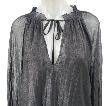 Sanctuary Live It Up Gray Metallic Long Sleeve Ruffle Tie V-Neck Blouse Top XS