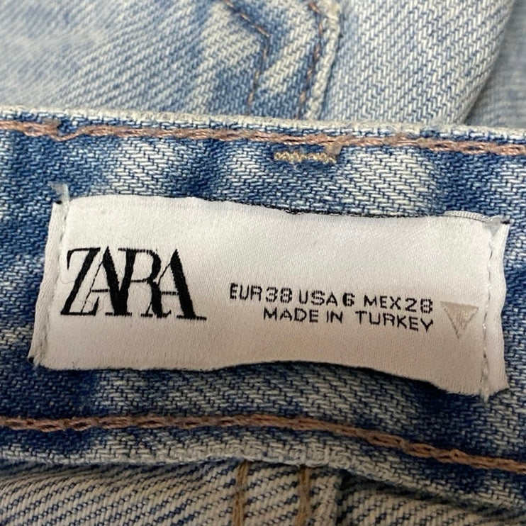 Zara Women's Blue High Waist Frayed Raw Hem Baggy Wide Leg Denim Jeans Pants 6