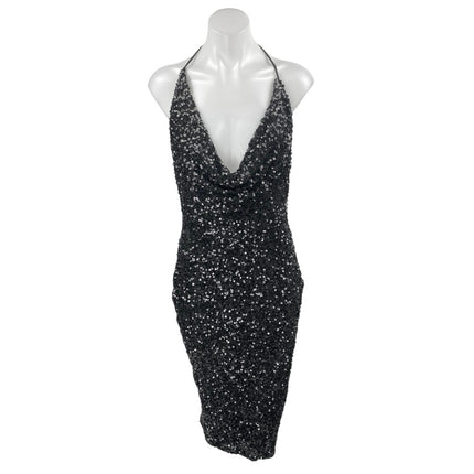 NEW Fashion Nova Black Sequin Halter Plunge Sleeveless Slit Sheath Mini Dress S