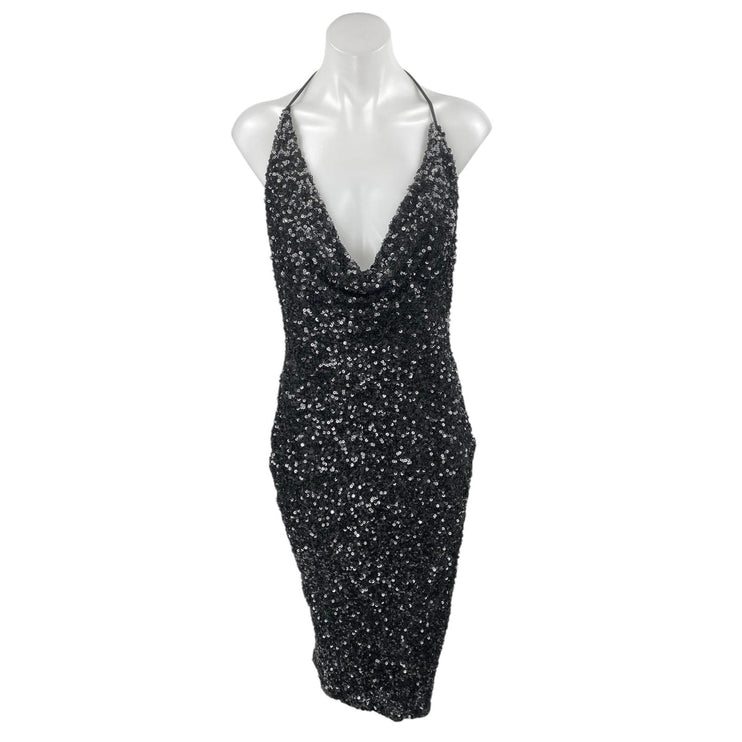 NEW Fashion Nova Black Sequin Halter Plunge Sleeveless Slit Sheath Mini Dress S