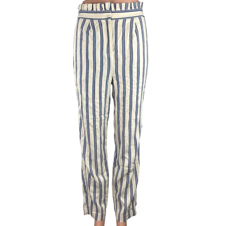 Express Blue White Stripe Ruffle High Rise Straight Leg Paperbag Trouser Pants 2