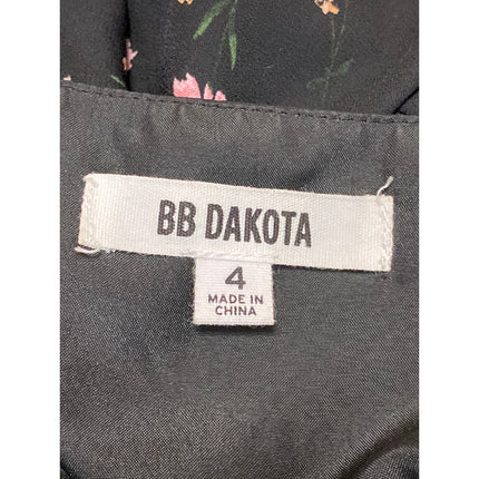 BB Dakota Black Floral V Neck Short Sleeve Tie Mini A-Line Flare Wrap Dress Sz 4