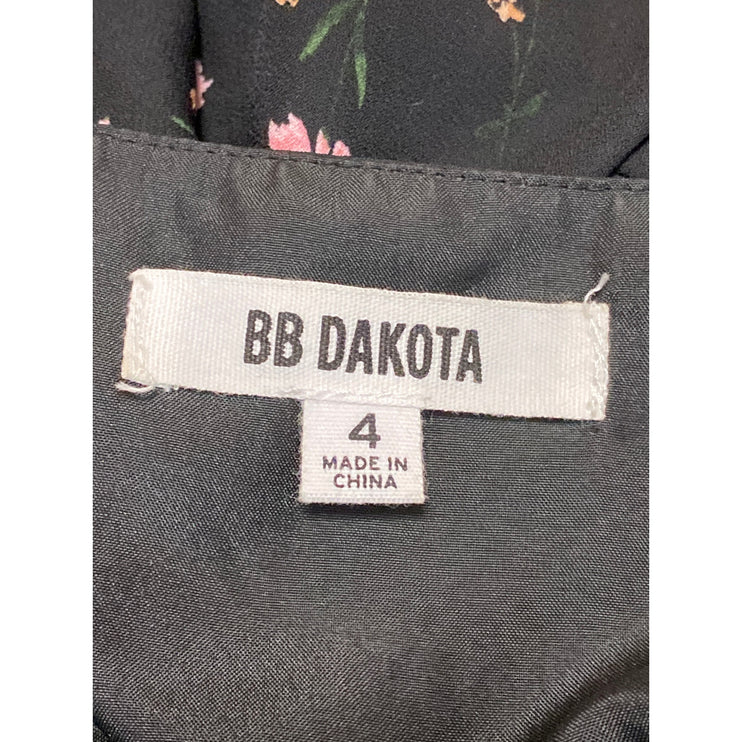 BB Dakota Black Floral V Neck Short Sleeve Tie Mini A-Line Flare Wrap Dress Sz 4