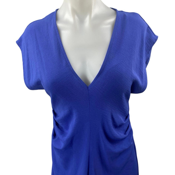 NEW Zara Women's Blue V-neck Ruched Sides Short Sleeve Midi A-Line Dress Size S