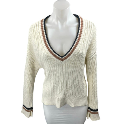 Abercrombie & Fitch Cream Striped Knit V Neck Long Sleeve Sweater Top Size XS