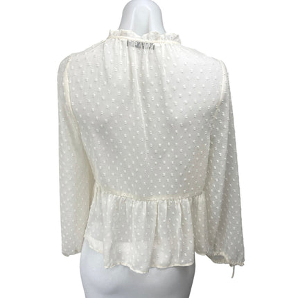 Zara White Long Sleeve Swiss Dot Button Down Ruffle Peplum Blouse Top Size XS