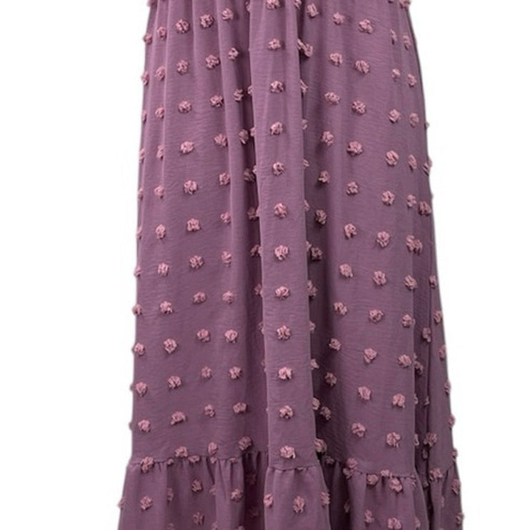 Fashion Women's Purple Short Flutter Sleeve V Neck Swiss Dot Maxi Dress Size M