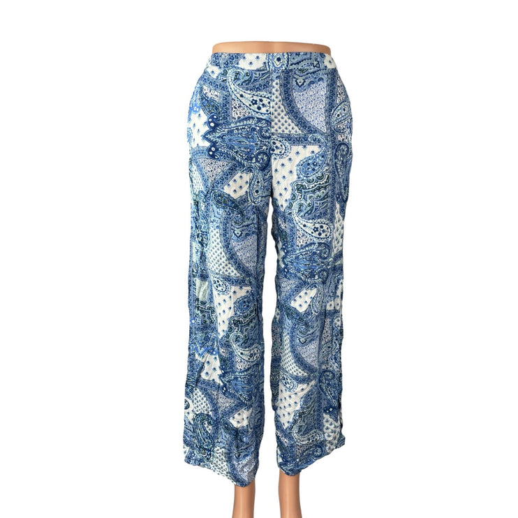 Zara Women's Blue White Paisley High Rise Boho Palazzo Wide Leg Trousers Pants S