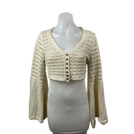 Commense Cream Beige Open Knit Crochet Long Sleeve Button Up Crop Top Size S