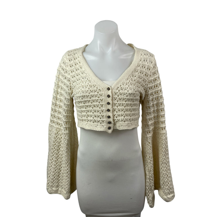 Commense Cream Beige Open Knit Crochet Long Sleeve Button Up Crop Top Size S