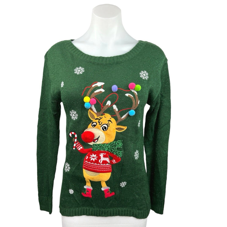 Womens Green Reindeer Christmas Holiday Winter Long Sleeve Pullover Sweater XS