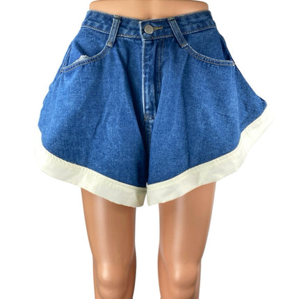 Cider Women's Blue Medium Wash High Waisted Flared Wide Leg Denim Jeans Shorts M