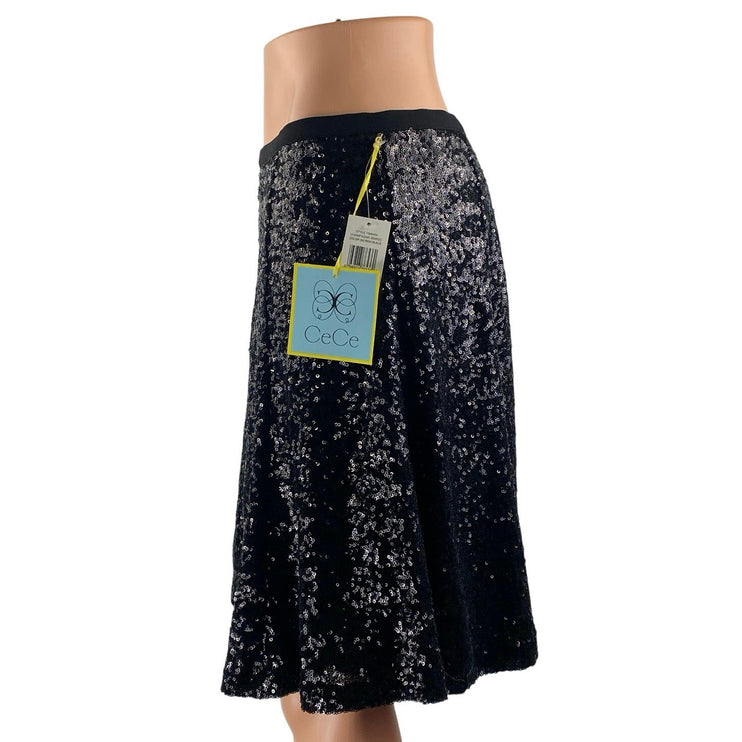 NEW Cece Champagne Soiree Rich Black Sequin Elastic Waist A Line Mini Skirt Sz 6