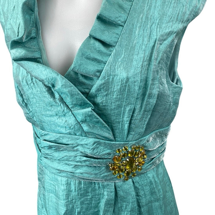 Jessica Howard Green Sleeveless Jeweled Rhinestone Ruffle Mini Sheath Dress 10