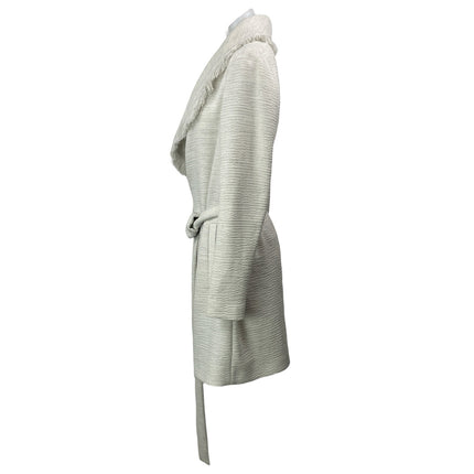 HUGO BOSS Womens White Long Sleeves Tweed Fringe Belted Shawl Wrap Coat Jacket 2