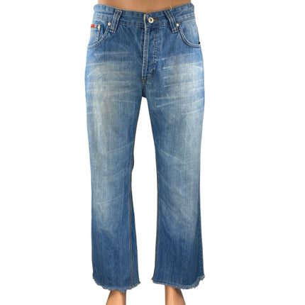 Dsquared2 Men's Blue Acid Wash Straight Leg Frayed Raw Hem Denim Jeans Pants 34