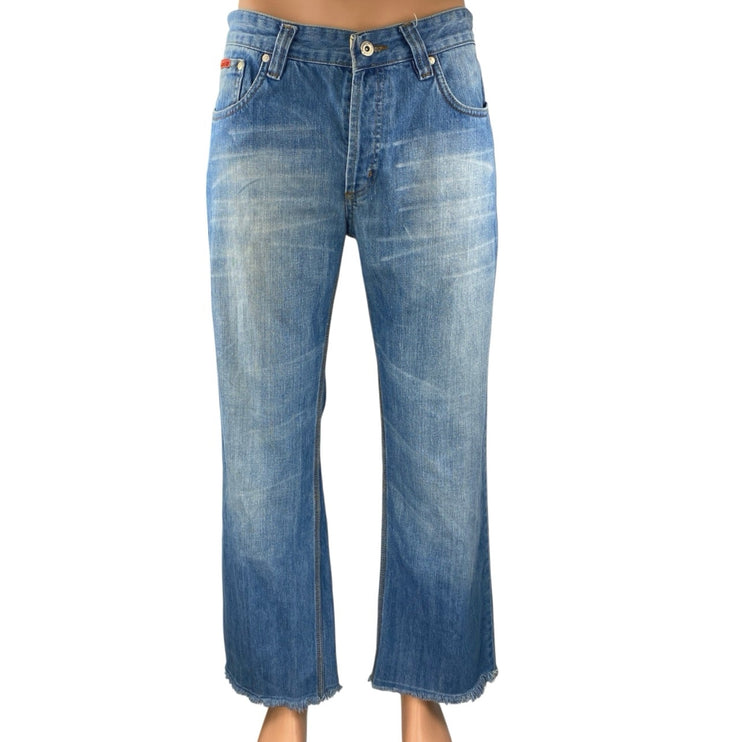 Dsquared2 Men's Blue Acid Wash Straight Leg Frayed Raw Hem Denim Jeans Pants 34