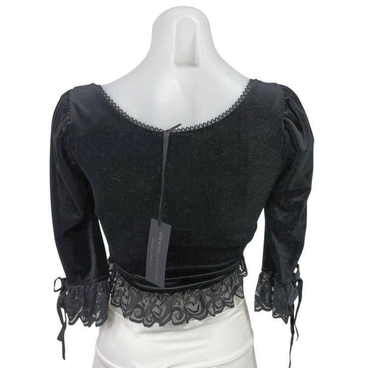 Dolls Kill Widow Black Velvet Velour Lace Sheer 3/4 Sleeve Crop Blouse Top XXS