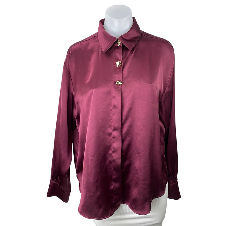 Zara Women's Red Silk Satin Long Sleeve Button Down Blouse Shirt Top Size M