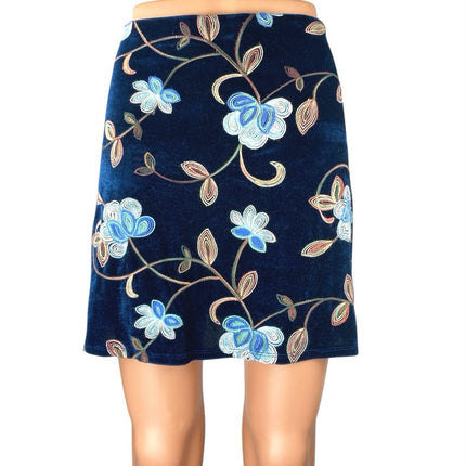 Mi Ami Women's Blue Floral Velvet Velour High Waist Zipper Mini A-Line Skirt M