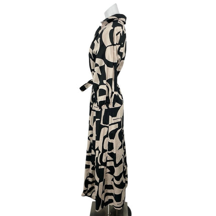 NEW Preview Black Beige Geometric Half Sleeve Tie Belt A Line Midi Dress Size 18