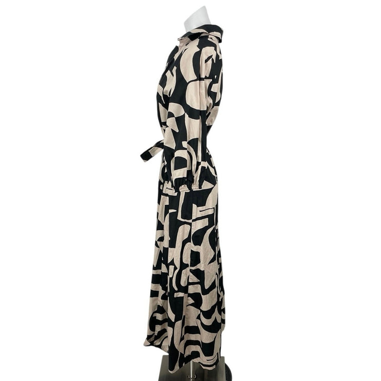 NEW Preview Black Beige Geometric Half Sleeve Tie Belt A Line Midi Dress Size 18