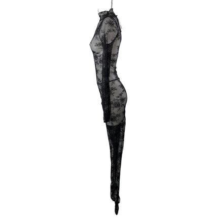 NEW NBD Black Floral Lace Mesh Sheer Mock Neck Long Sleeve Jumpsuit Size XS