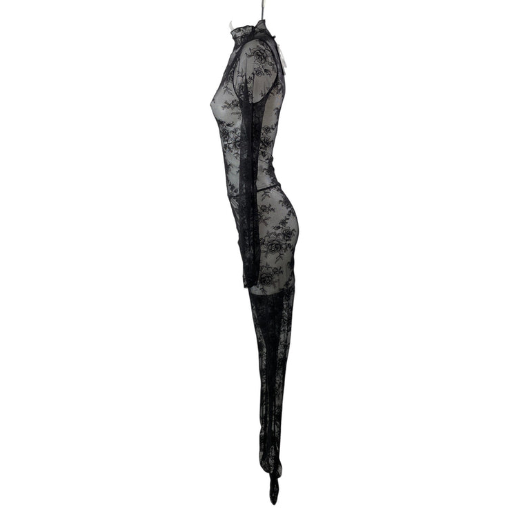 NEW NBD Black Floral Lace Mesh Sheer Mock Neck Long Sleeve Jumpsuit Size XS