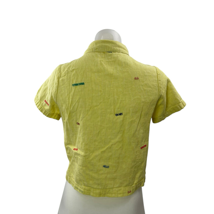 Marine Layer Green Embroidered Collar Short Sleeve Crop Button Down Shirt Top XS