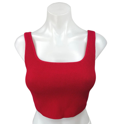 Aritzia Babaton Red Rib Knit Sleeveless Square Neck Sculpt Crop Tank Top Sz M