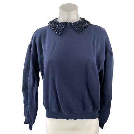 J.Crew Navy Blue Sequin Beaded Collar Long Sleeve Sweatshirt Sweater Top Size S