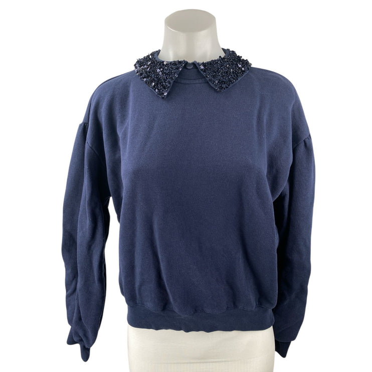 J.Crew Navy Blue Sequin Beaded Collar Long Sleeve Sweatshirt Sweater Top Size S