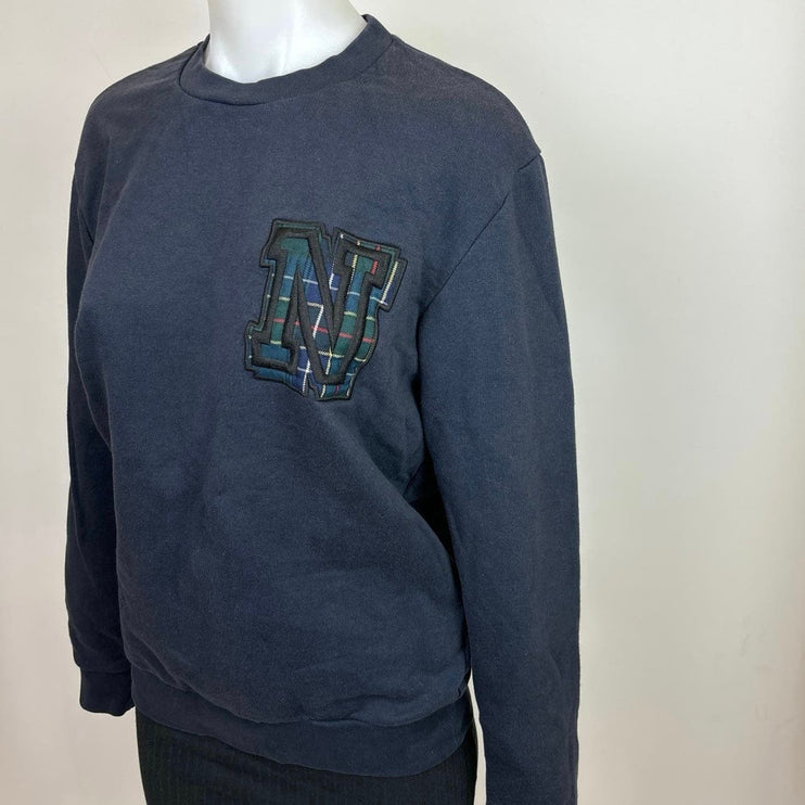 Zara Women Navy Blue Crewneck Embroidered Letter N Long Sleeve Sweatshirt Size S