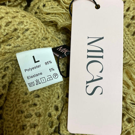 NEW Micas Tan One Shoulder Fringe Open Knit Ruffle Crochet Mini Bodycon Dress L