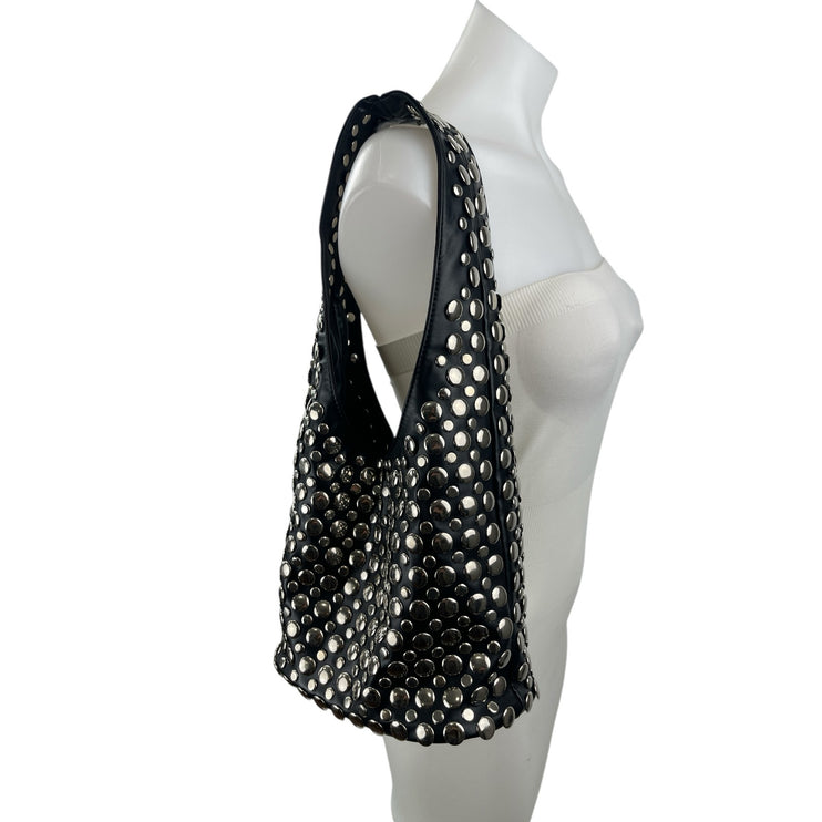 Women's Black Silver Studded Vegan PU Leather Snap Hobo Shoulder Handbag OS