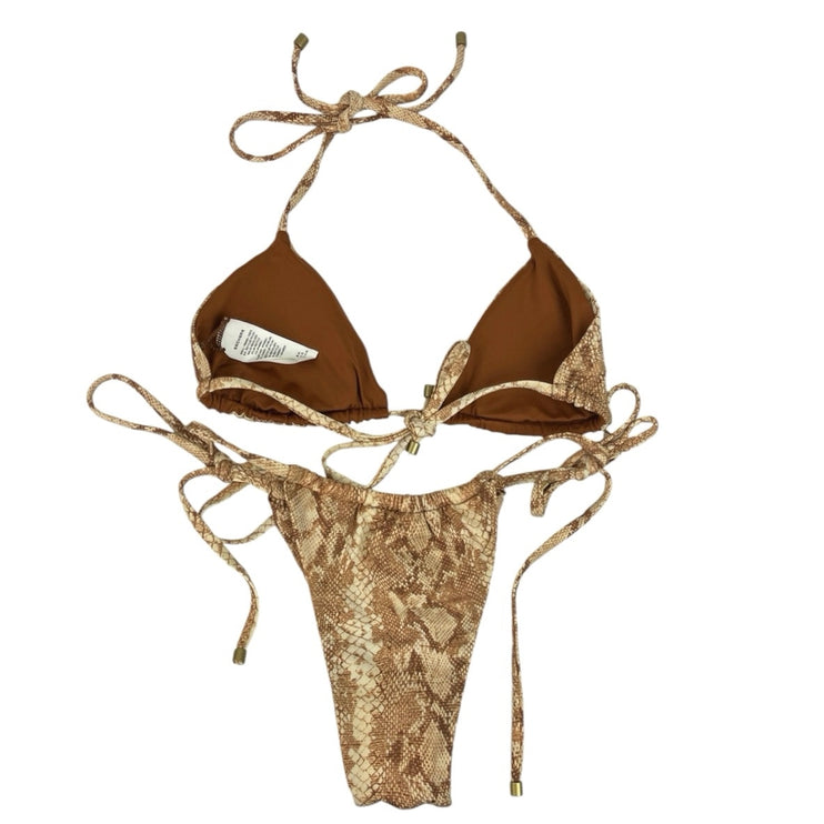 Vitamin A Tan Snakeskin Halter Tie Adjustable Triangle Two Piece Bikini Set Sz S