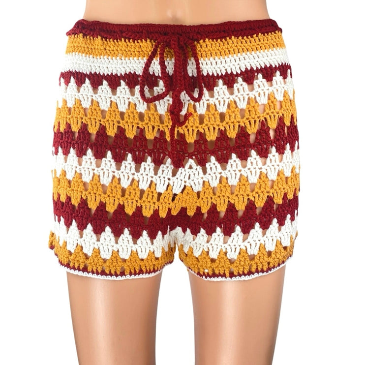 Women's Red Multicolor Striped Crochet Knit High Rise Boho Mini Shorts Size L