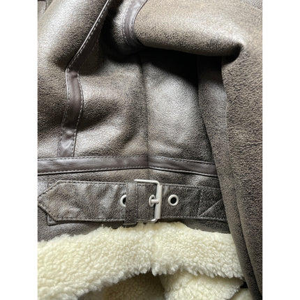 Stradivarius Women's Brown Fleece Sherpa Hoodie Full Zip Faux Leather Jacket L