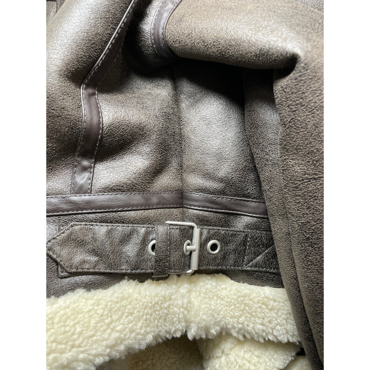 Stradivarius Women's Brown Fleece Sherpa Hoodie Full Zip Faux Leather Jacket L