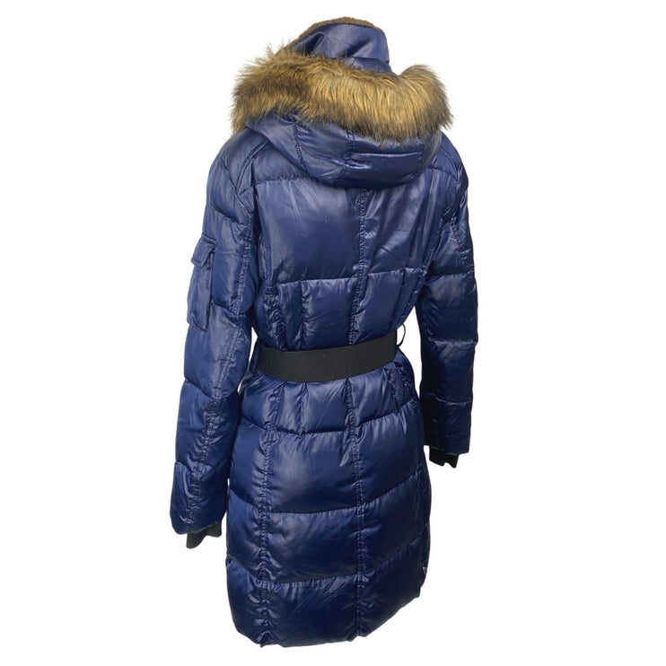S13 NYC Womens Blue Faux Fur Hooded Full Zip Belted Quilted Puffer Coat Jacket S