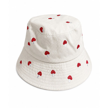 Women's White Red Mushroom Whimsical Cotton Embroidered Bucket Hat Cap Size OS