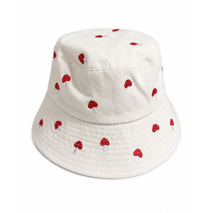 Women's White Red Mushroom Whimsical Cotton Embroidered Bucket Hat Cap Size OS