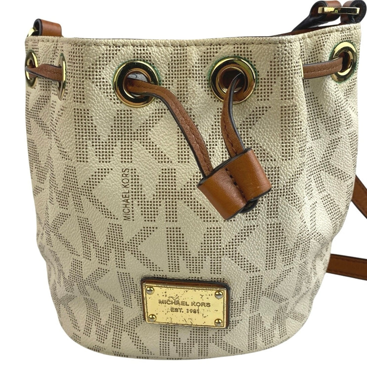 Michael Kors Jules White Tan Monogram Leather Crossbody Bucket Hangbag One Size