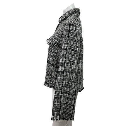 Lush Women's Black Tweed Plaid Long Sleeve Fringe Button Up Blazer Coat Jacket M