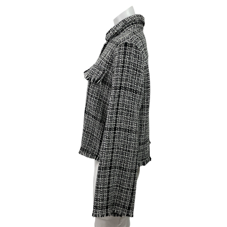 Lush Women's Black Tweed Plaid Long Sleeve Fringe Button Up Blazer Coat Jacket M