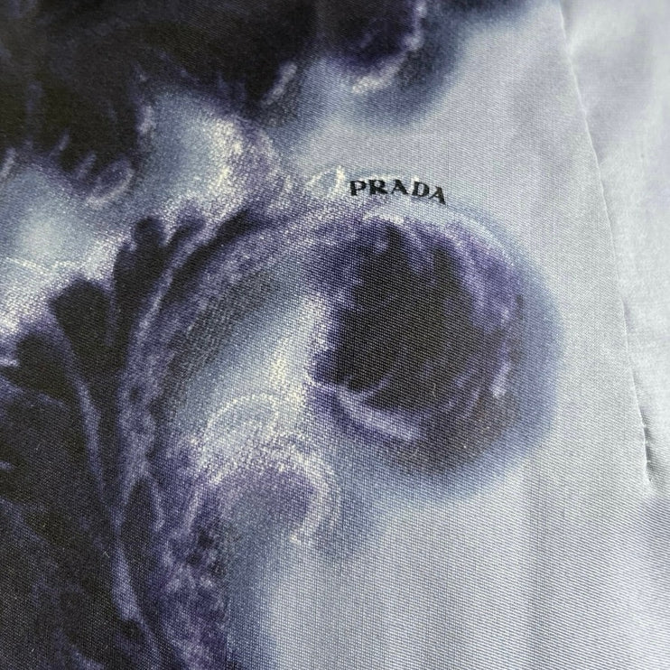 Prada 100% Silk Satin Blue Floral Pleated Knee Length A-Line Wrap Skirt 40 US 4