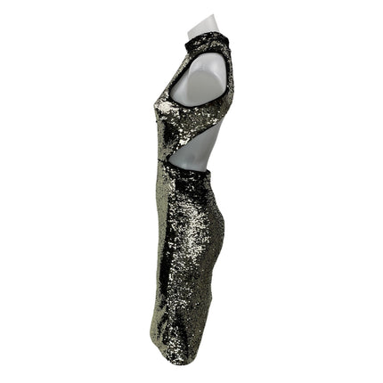 H&M Women's Black Silver Sleeveless Metallic Sequin Cutout Bodycon Midi Dress 4