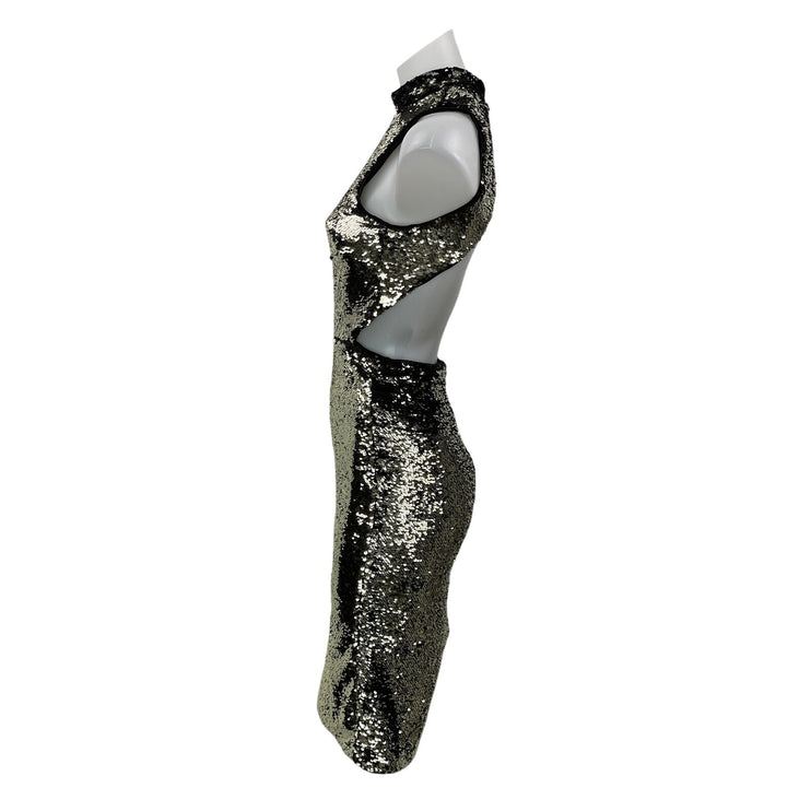 H&M Women's Black Silver Sleeveless Metallic Sequin Cutout Bodycon Midi Dress 4