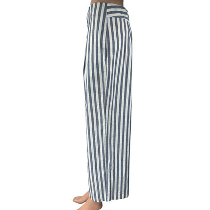 Zara Blue Striped High Waisted Pleated Straight Tapered Ankle Trousers Pants M