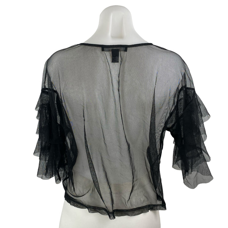 Forever 21 Women's Black Mesh Sheer Ruffle Tiered Sleeve Blouse Top Size L
